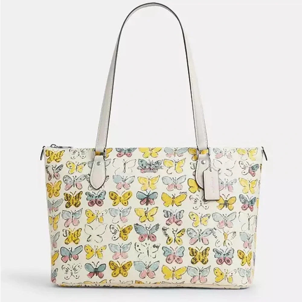 NWT Coach Gallery Tote Shoulder Bag With Butterfly Print silver/yellow CAR36